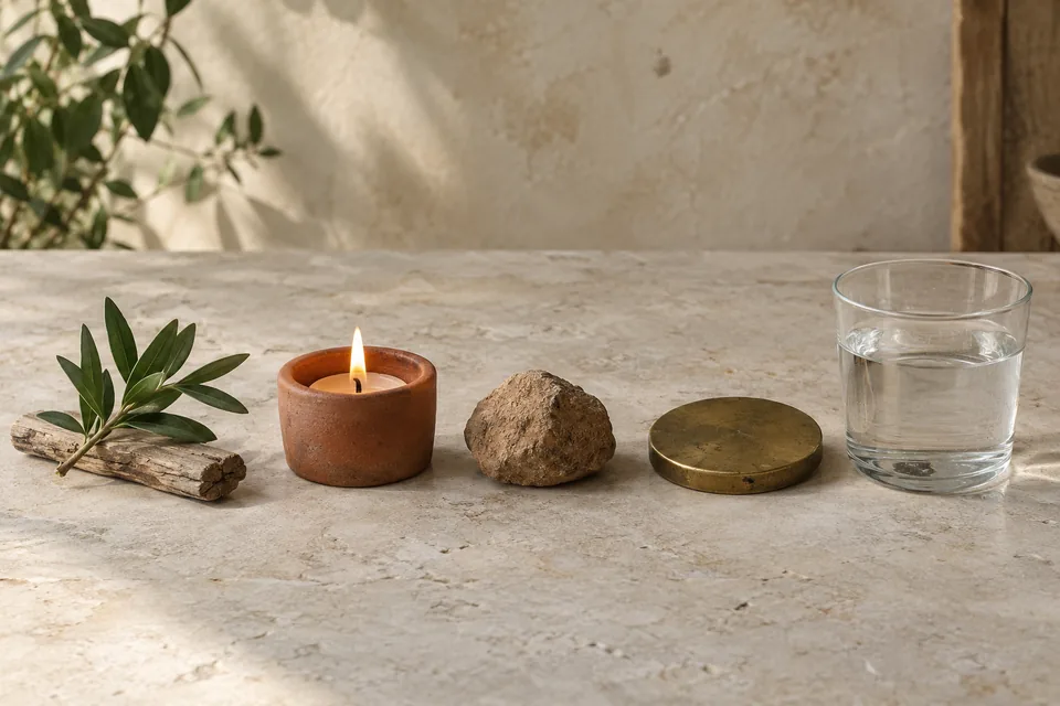 From left to right: wood and leaves, a candle flame, a clay stone, brass and a glass of water.