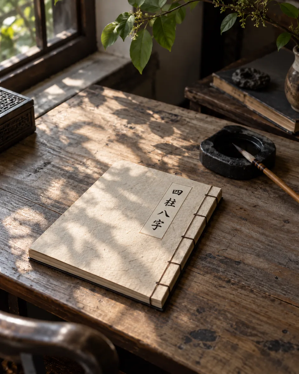 An open Chinese almanac and bamboo brush on a sunlit wooden desk.
