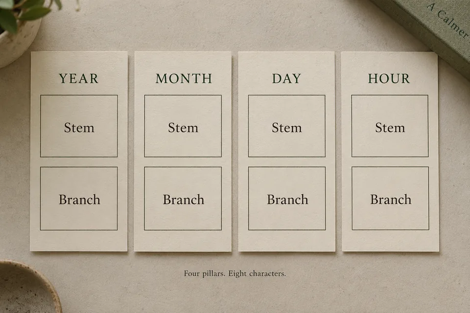 Four paper cards labeled Year, Month, Day and Hour. Each contains a Stem and a Branch: eight characters in total.